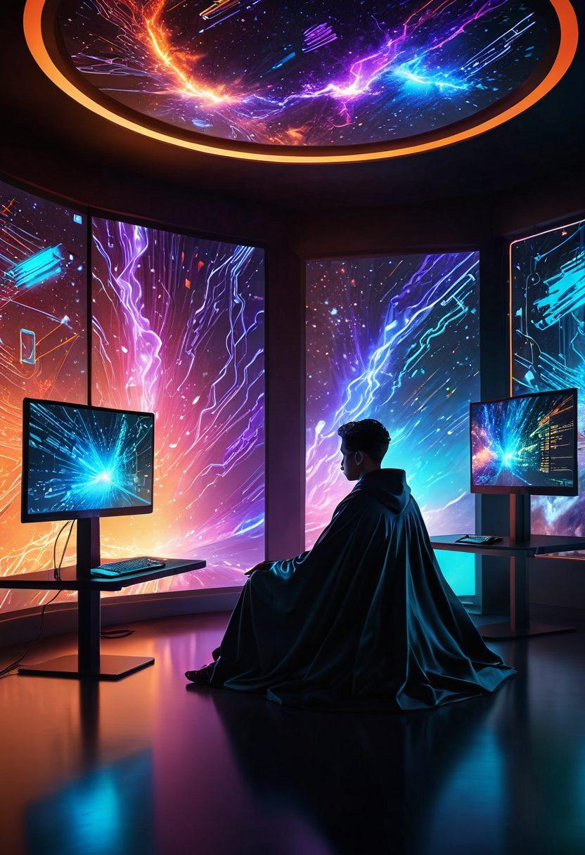 A person sitting in a cozy, dimly lit room, surrounded by multiple screens displaying varied digital landscapes, while being covered by a virtual cloak of data encryption symbols. They exude a sense of freedom and empowerment as they immerse in the digital world, with bright connections representing secure pathways. The atmosphere is mysterious yet inviting, symbolizing an exploration of digital privacy. futuristic style. vibrant colors. digital art.