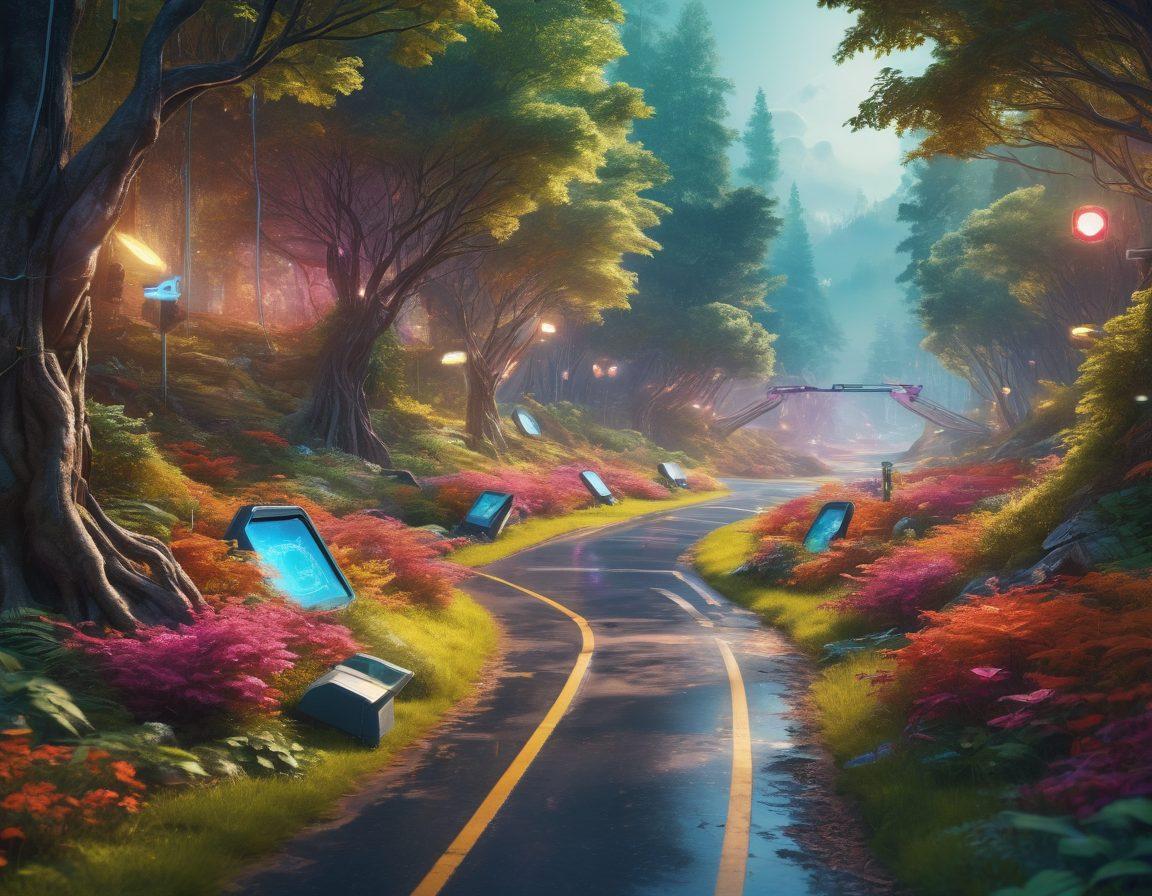 A digital landscape featuring a virtual shield symbolizing online security, with a road winding through a cybernetic forest filled with diverse people using devices, showcasing themes of privacy protection and web accessibility. Bright, inviting colors with elements like padlocks, digital screens, and accessibility icons scattered throughout the scene. super-realistic. vibrant colors. 3D.