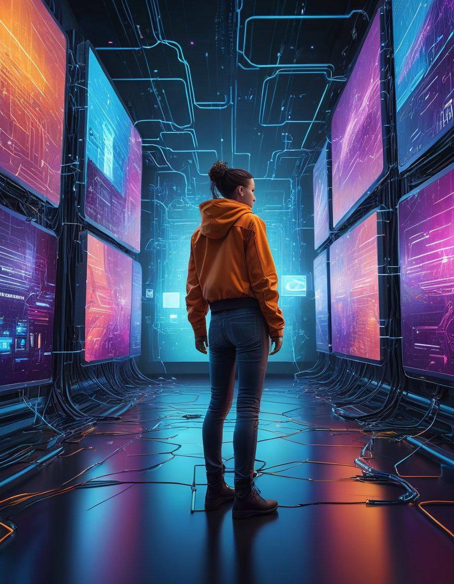 A futuristic digital landscape representing a person breaking through virtual barriers, symbolizing the unblocking of websites. Incorporate glowing shields and locks being dismantled, with a vibrant backdrop of interconnected nodes and data streams—signifying online privacy. Include diverse figures using devices, showcasing global access and freedom. super-realistic. vibrant colors. cyberpunk.